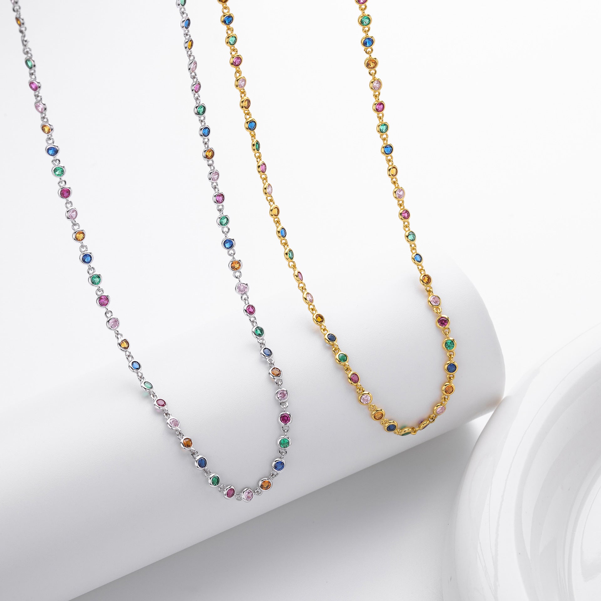Colorful Cubic Zirconia Geometric Pattern 925 Sterling Silver Chain Necklace