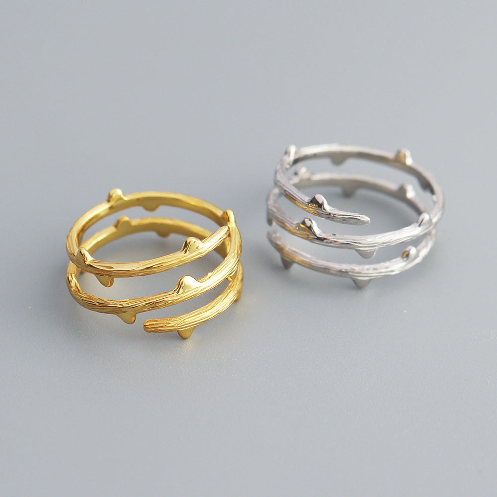 Thorn Branch Textured Wrap S925 Sterling Silver Open Band Adjustable Ring