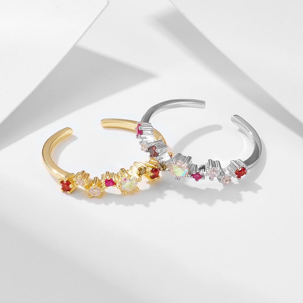 Fashion Colordul Rainbow Red CZ 925 Sterling Silver Irregular Adjustable Ring