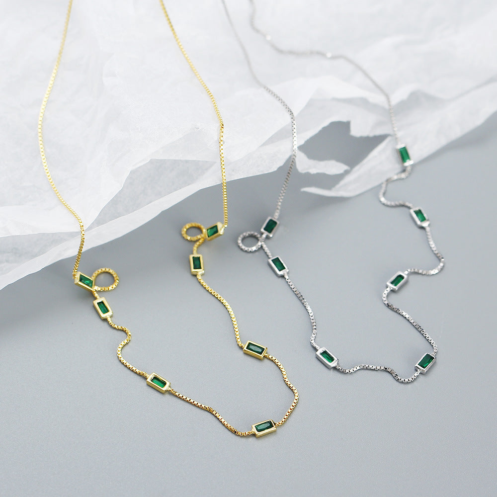 Mini Delicate Green Rectangular Stone 925 Sterling Silver Station Chain Simple Layered Clavicle Necklace