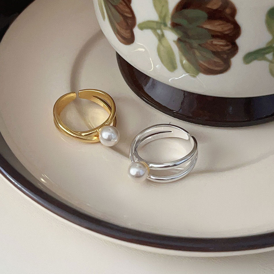 Fashionable Korean Style Adjustable X-Shaped Pearl Design 925 Sterling Silver Ring for Women with Elegant Yellow Gold and Silver Options