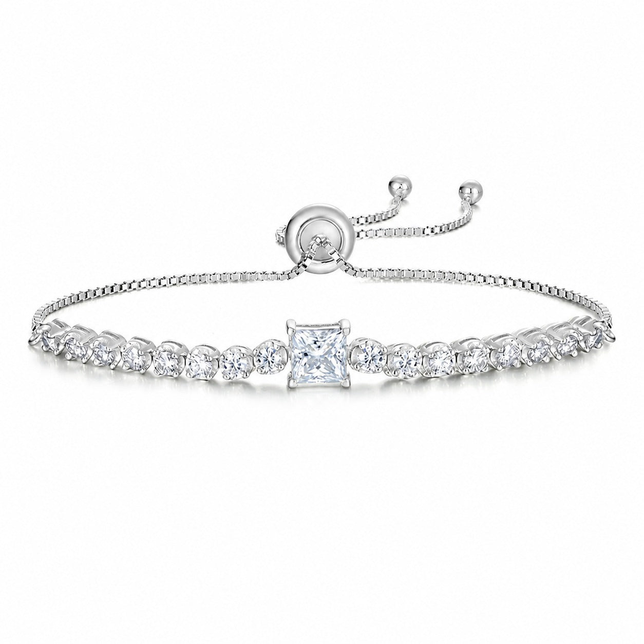 White Moissanite Geometric Princess Cut Square Center Stone Tennis Bracelet In S925 Sterling Silver Adjustable Slider Chain Bracelet Elegant Modern Fashion Jewelry Gift