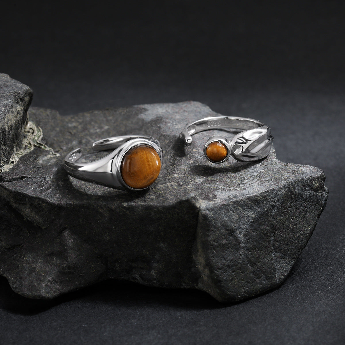 Natural Tiger's Eye 925 Sterling Silver Natural Stone Adjustable Open Band Wide Rimmed Leaf-Shaped Twisted Ring