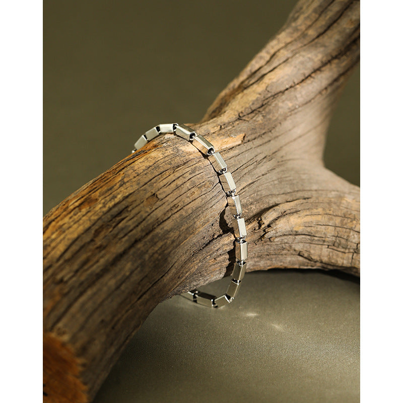 Vintage Silver Geometric Block Link Chain S925 Sterling Silver Adjustable Bracelet