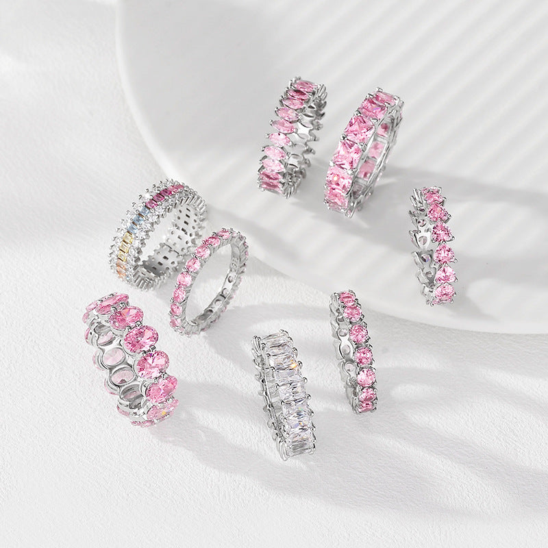 Pink Heart Full Zircon Women Elegant Shiny Jewelry S925 Sterling Silver Luxury Fashion Ring