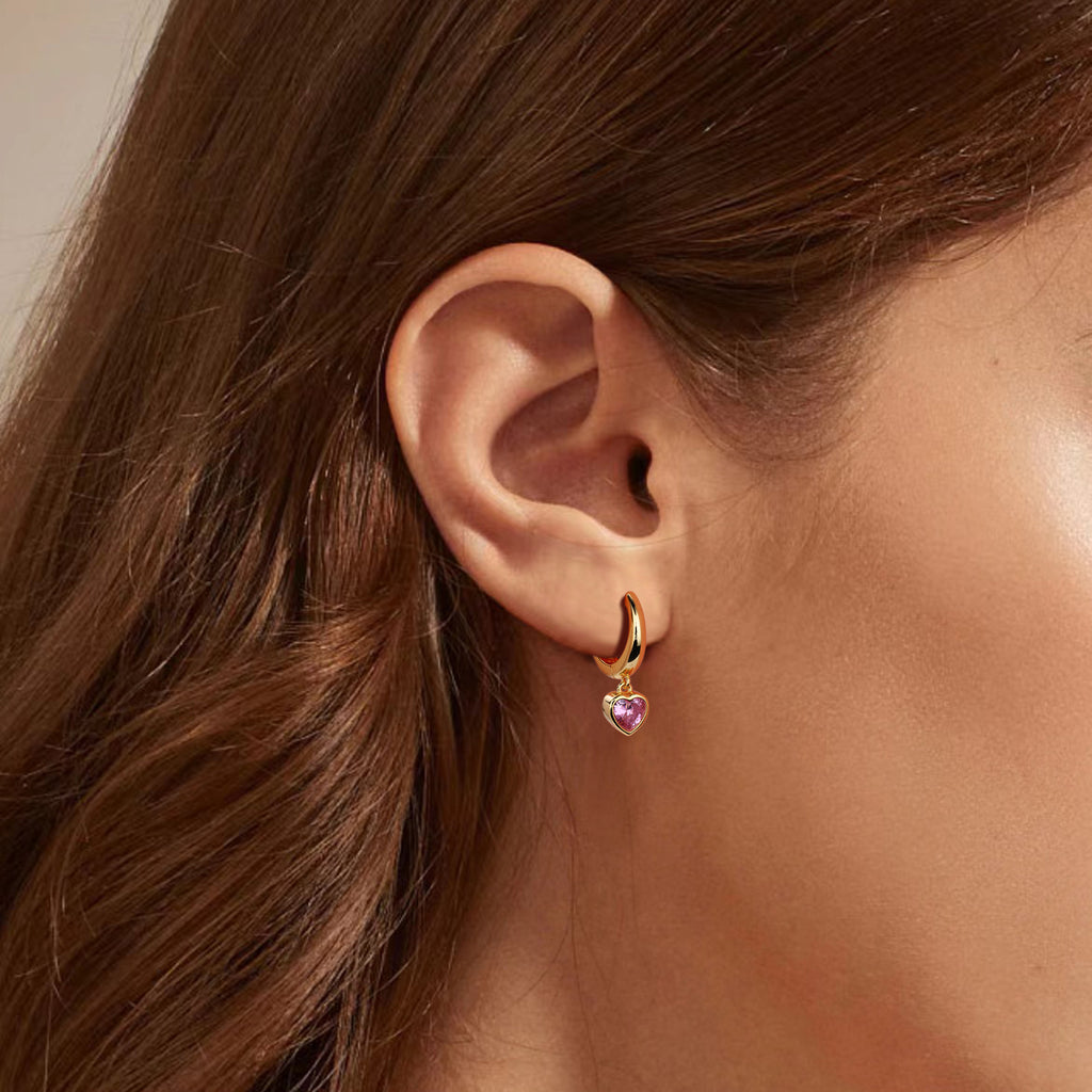 Minimalist 925 Sterling Silver with Gold Plating Heart Shape Pink Cubic Zirconia Dangle Hoop Earrings