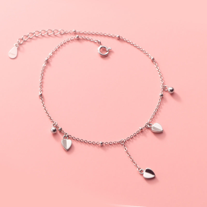 Pure Metal Polished Heart Charm Bead Chain S925 Sterling Silver Anklet