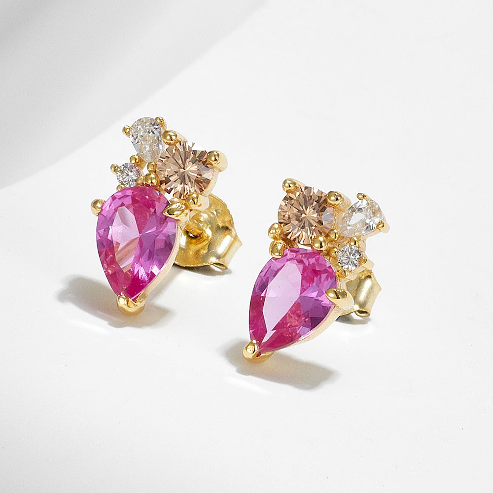 Women Pink Watedrop CZ 925 Sterling Silver Stud Earrings