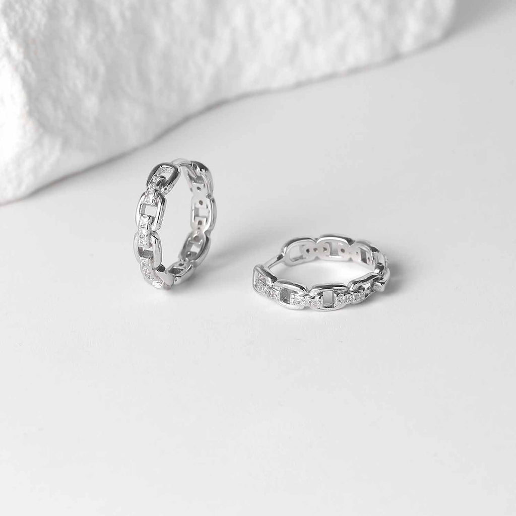 Lady Office Hollow CZ Chain 925 Sterling Silver Hoop Earrings