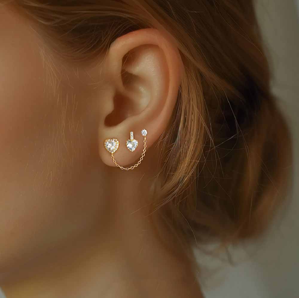 Anniversary Golden CZ Heart 925 Sterling Silver Stud Earrings