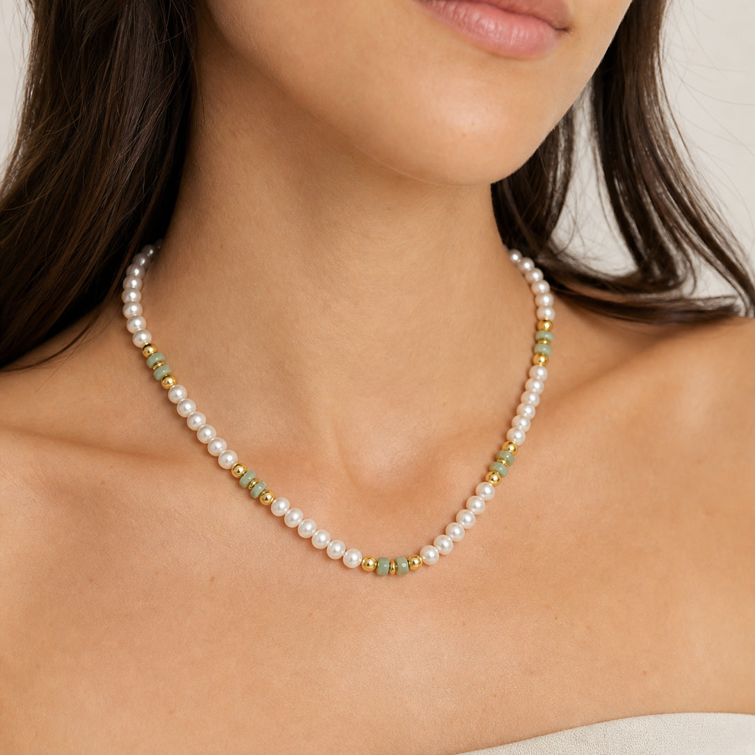 Dainty Vintage Green Stone Pearl Beaded Strand Fashion Jewellery 925 Sterling Silver Necklace