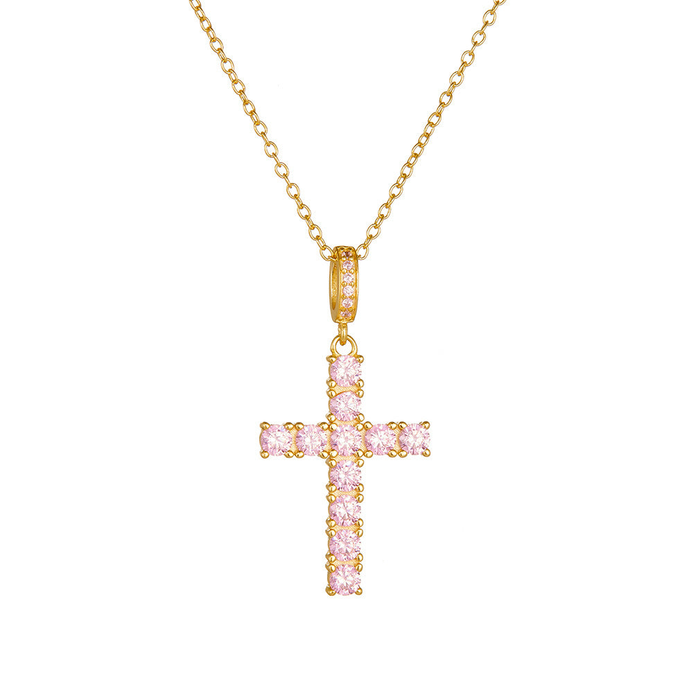 Girl Beautiful Pink CZ Cross 925 Sterling Silver Necklace