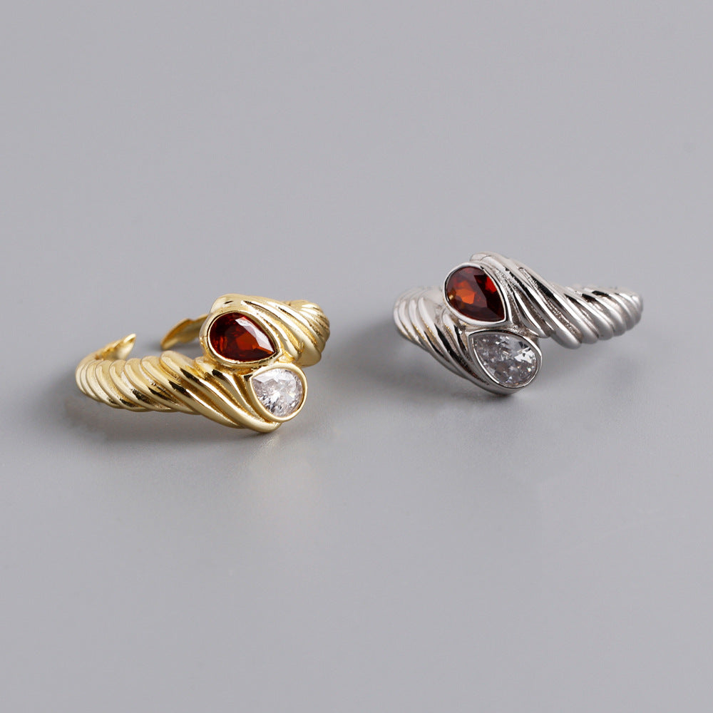 Fashion Twisted Pattern Red White Waterdrop CZ 925 Sterling Silver Adjustable Ring