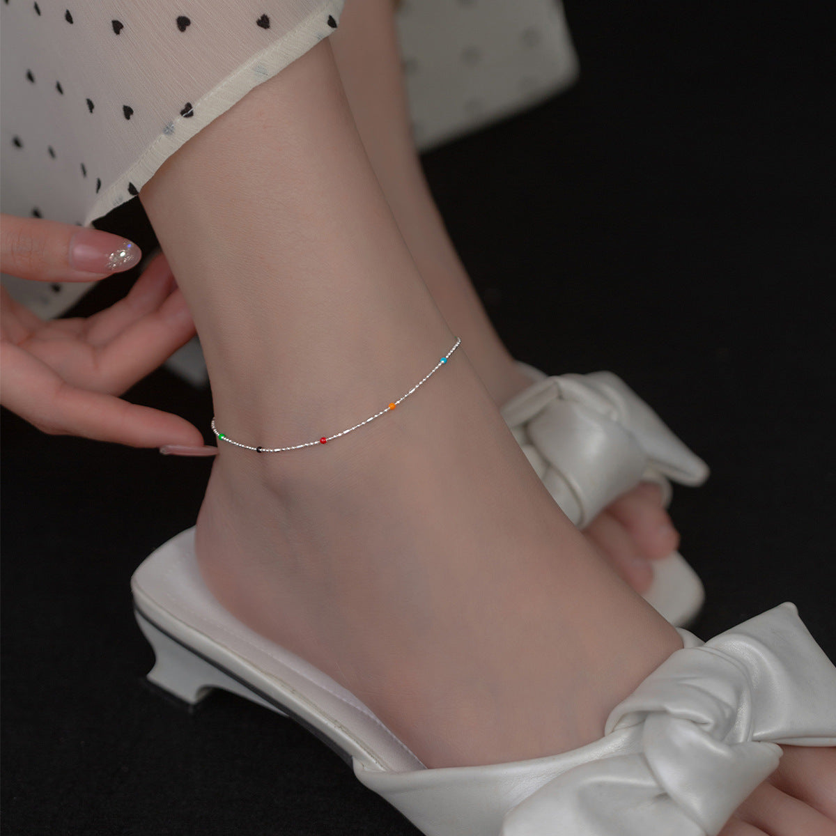 Mini Delicate Multicolor Round Bead Geometric Silver Anklet Pure Metal S925 Sterling Silver Adjustable Chain Anklet
