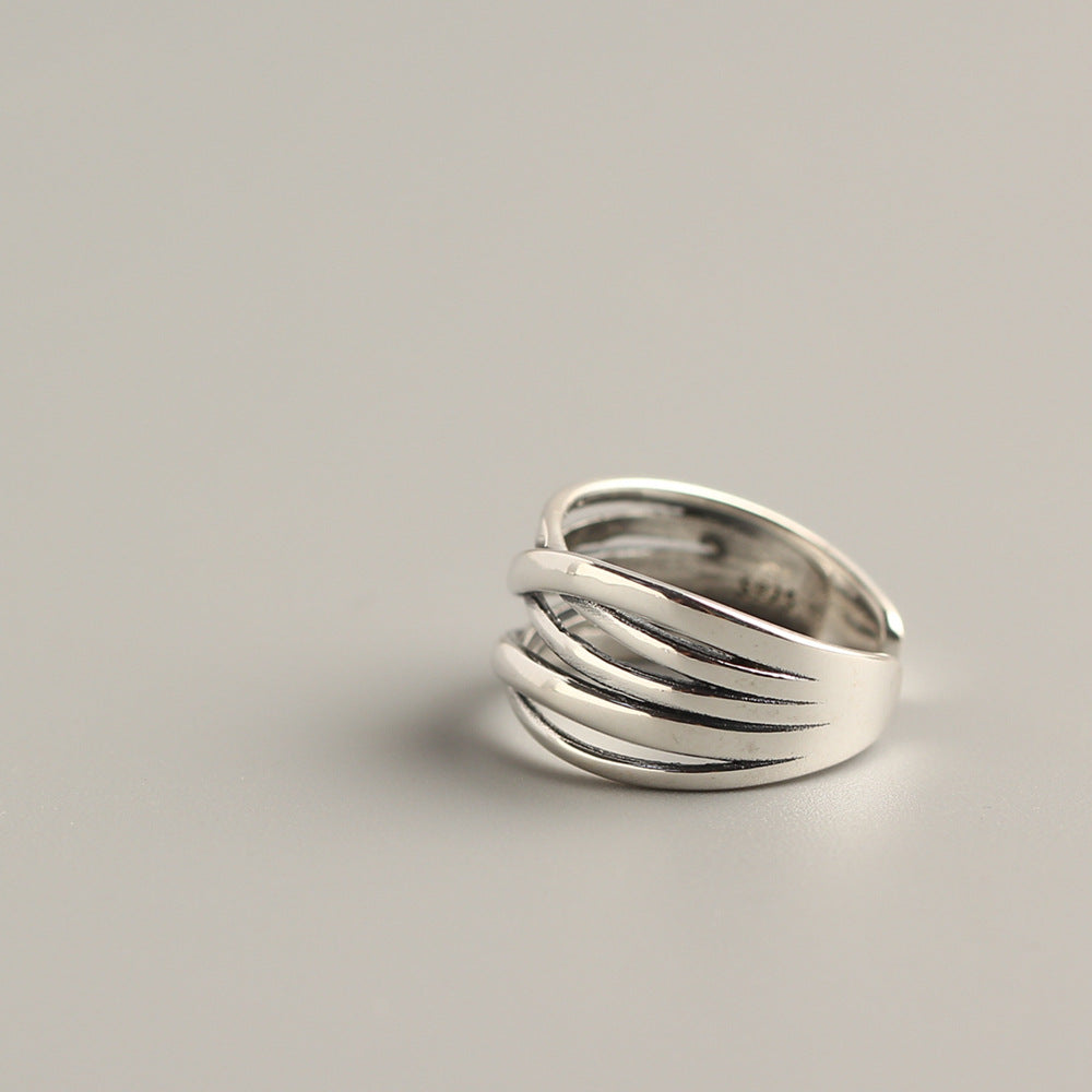 Women Modern Minimalist Fashion Jewelry Multi Layer Crisscross Wrapped LineSolid 925 Sterling Silver Adjustable Open Band Ring