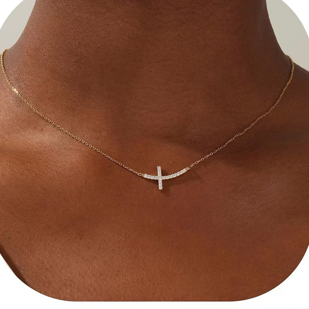 Women Casual CZ Smile Cross 925 Sterling Silver Necklace