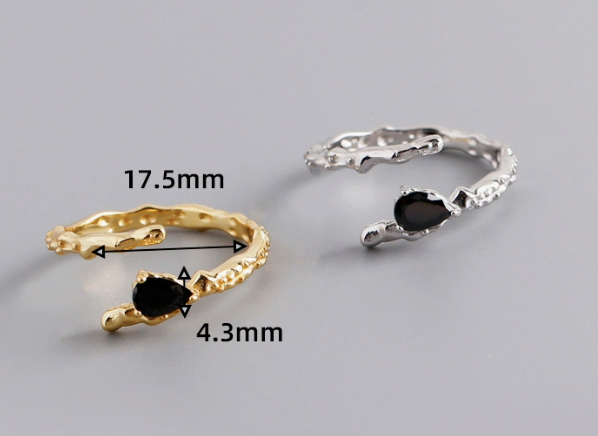 Black Teardrop Shaped Cubic Zirconia  Irregular Textured Wave Design  925 Sterling Silver Ring