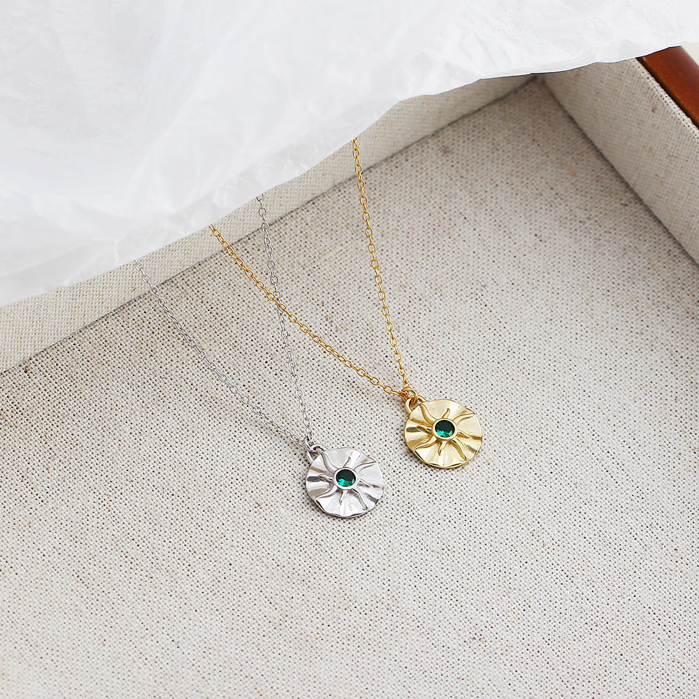 Green Stone Sunburst Disc 925 Sterling Silver Pendant Delicate Layering Clavicle Chain Necklace