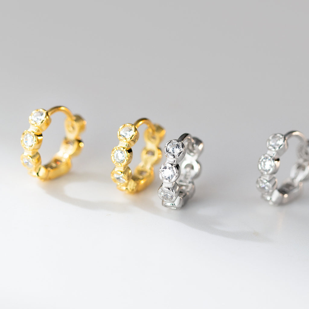 Cubic Zirconia Round Bezel Set Huggie Hoop Earrings In 925 Sterling Silver With Silver Or Yellow Gold Finish Minimalist Shining Elegant Fashion Earrings