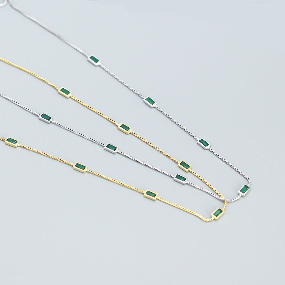 Mini Delicate Green Rectangular Stone 925 Sterling Silver Station Chain Simple Layered Clavicle Necklace