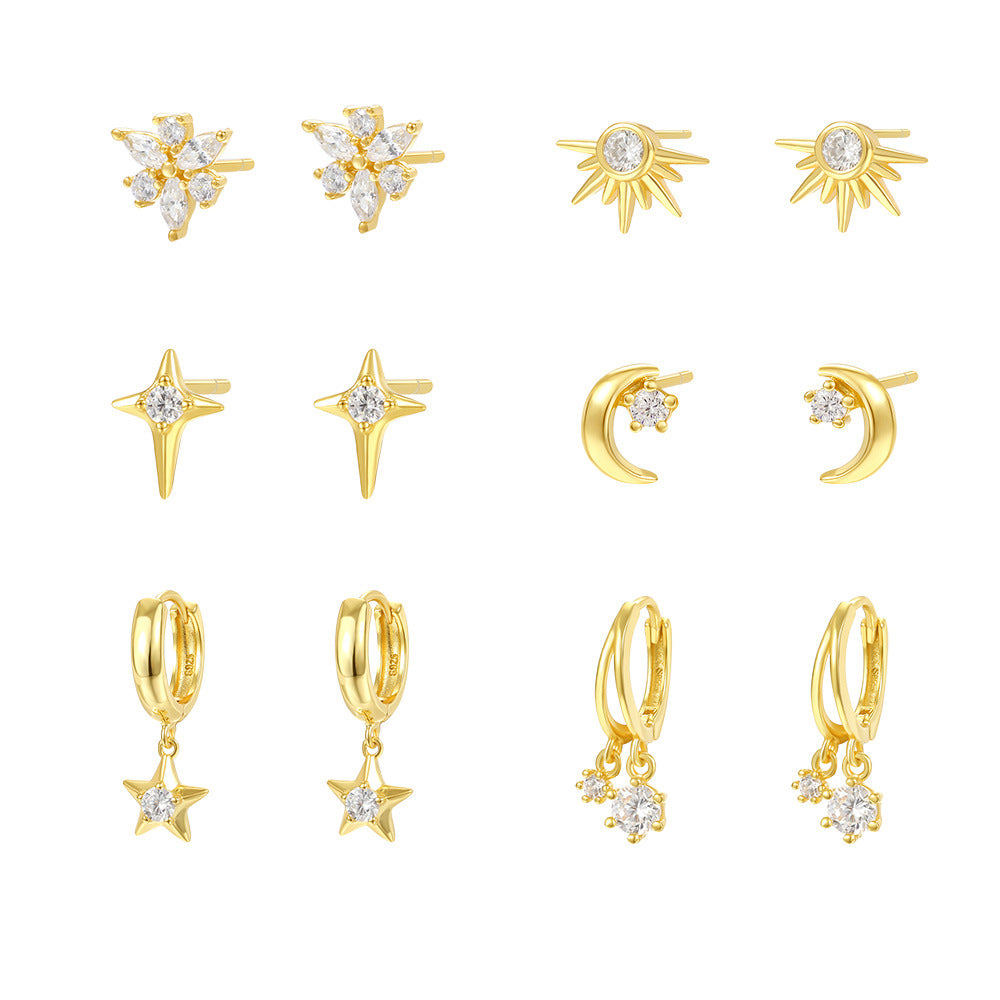 Simple White CZ Crescent Moon Star Sunshine 925 Sterling Silver Stud Fangling Earrings