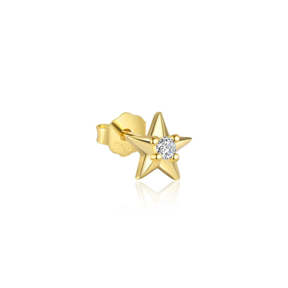 Cute Gold CZ Planet Star Sun Crescent Moon 925 Sterling Silver Stud Earring (Single)