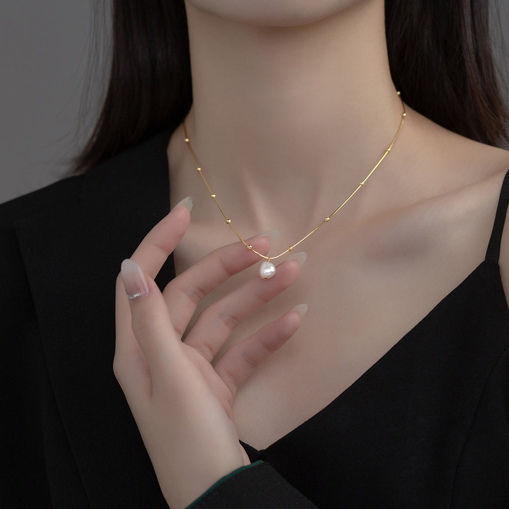 Baroque Pearl Minimalist Beaded  S925 Sterling Silver Snake Chain Pearl Pendant Necklace