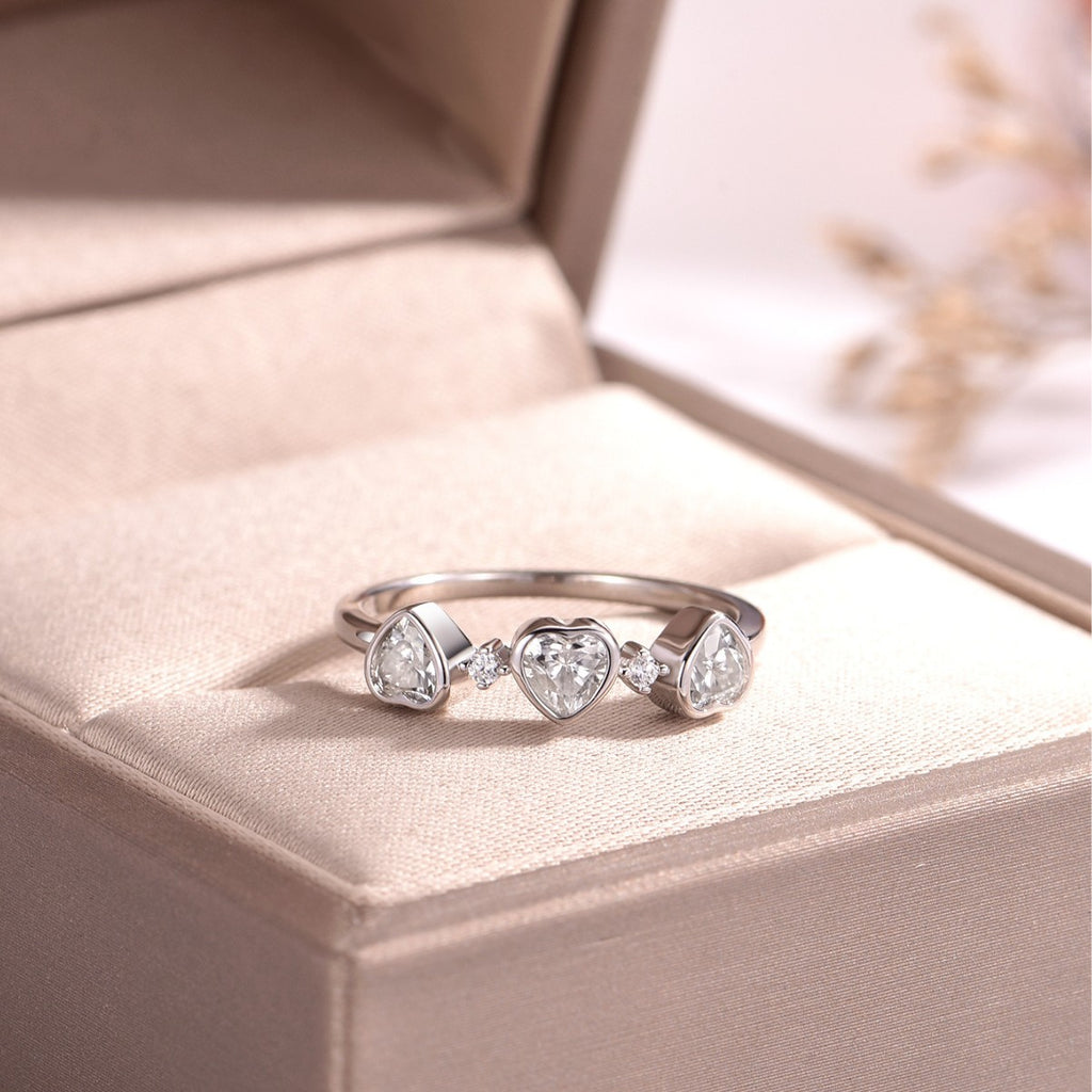 Heart Three Stone Moissanite 925 Sterling Silver Ring