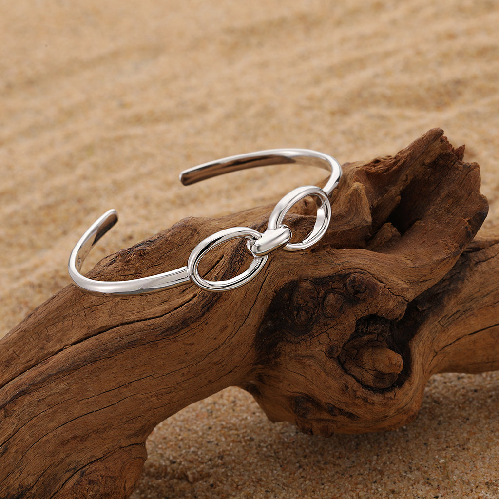 Modern Minimalist Geometric Style Silver Double Circle Hollow Design 925 Sterling Silver Open Bangle Bracelet