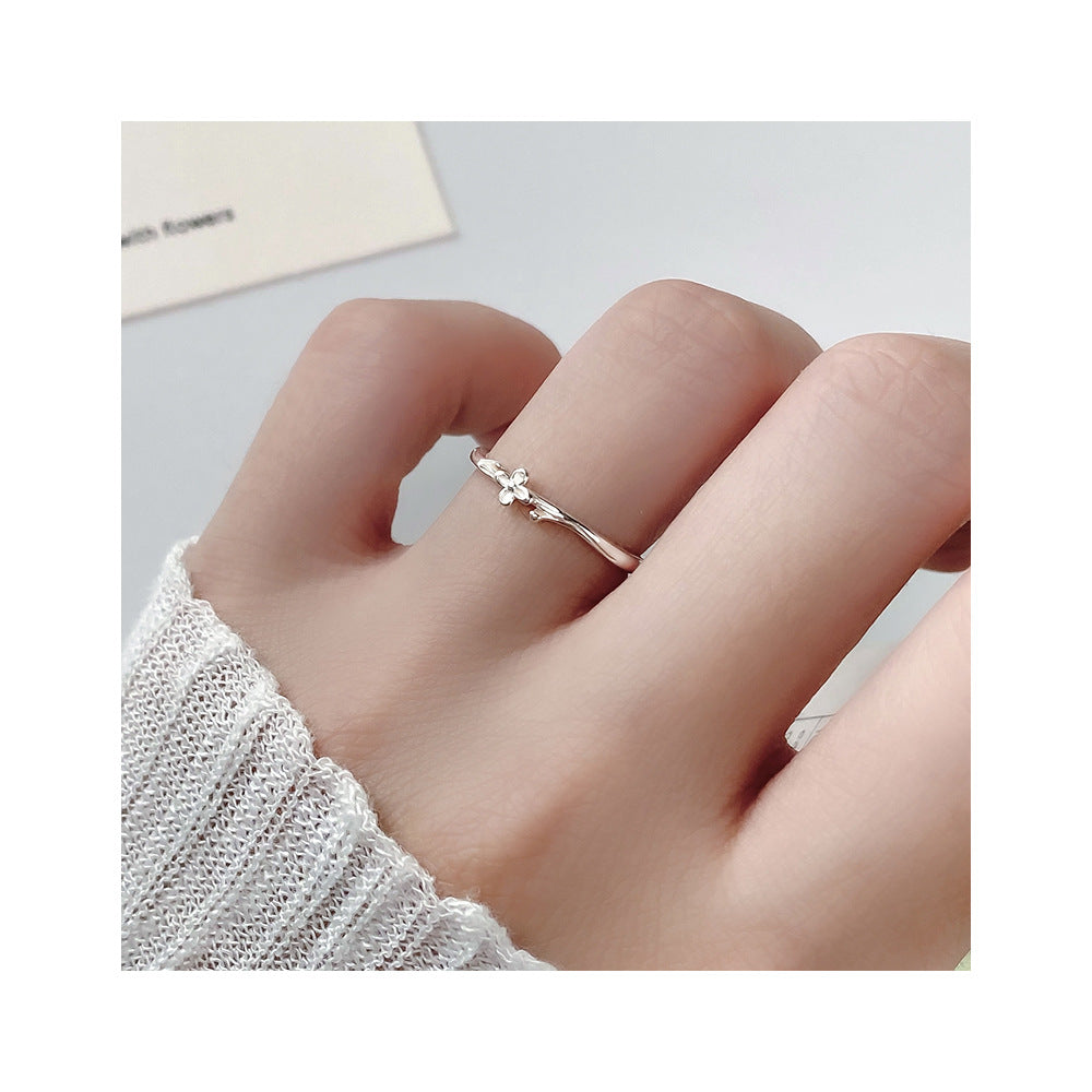Minimalist Delicate Lilac Flower Branch Pure Metal S925 Sterling Silver Adjustable Open Ring
