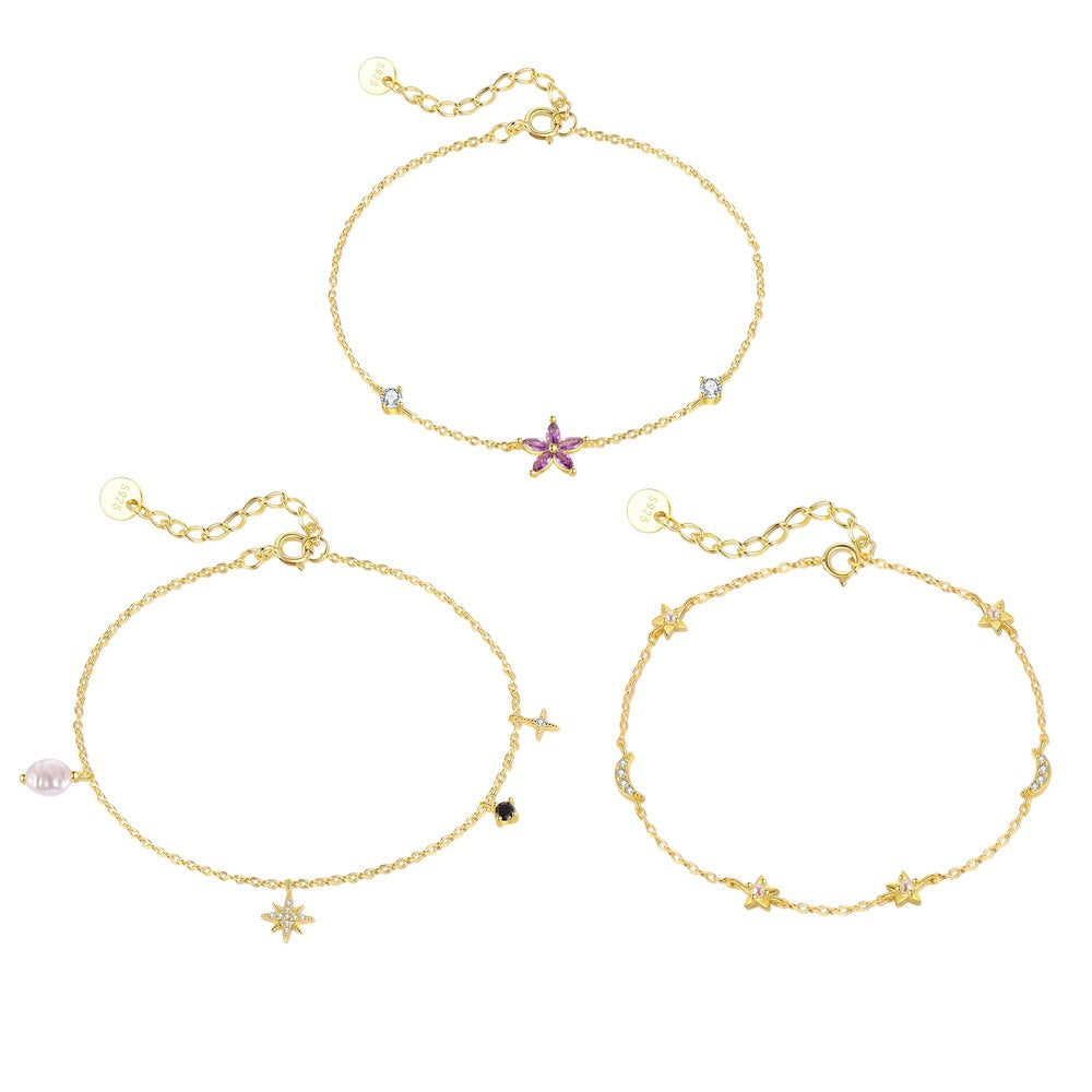 Girl Colorful CZ Star Moon Flower 925 Sterling Silver Bracelet