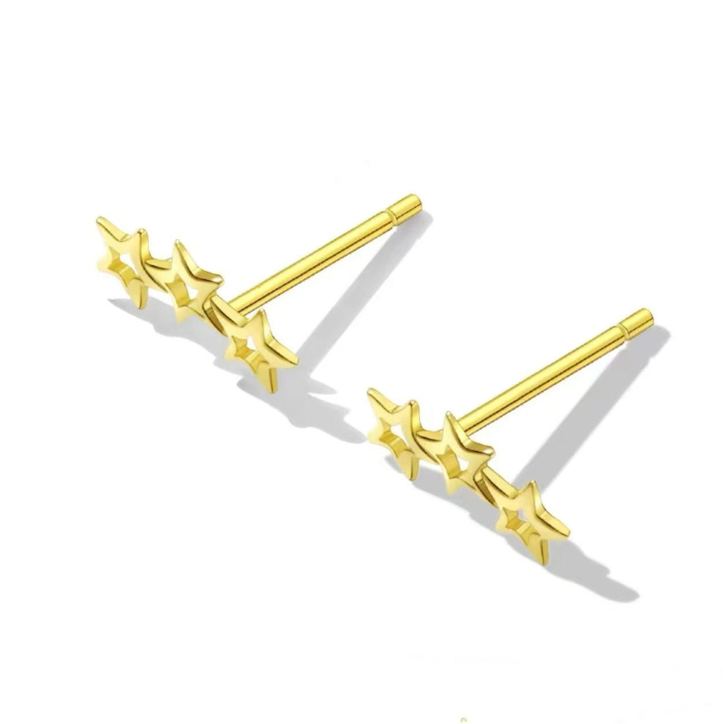 Lady Girl Three Hollow Stars 925 Sterling Silver Stud Earrings