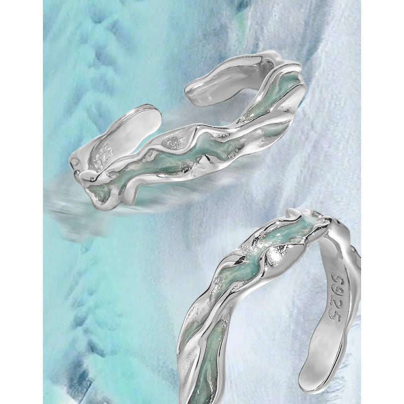 Irregular Wavy Texture Aqua Green Epoxy S925 Sterling Silver Adjustable Open Ring