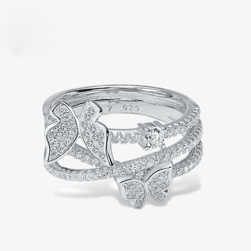 Beautiful Micro Setting CZ Butterfly Triple Layers Cross 925 Sterling Silver Ring