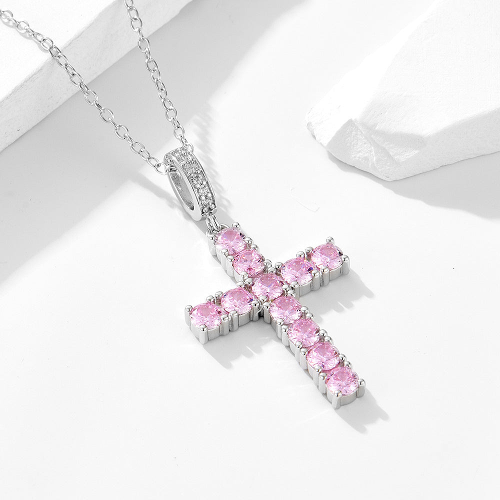 Girl Beautiful Pink CZ Cross 925 Sterling Silver Necklace