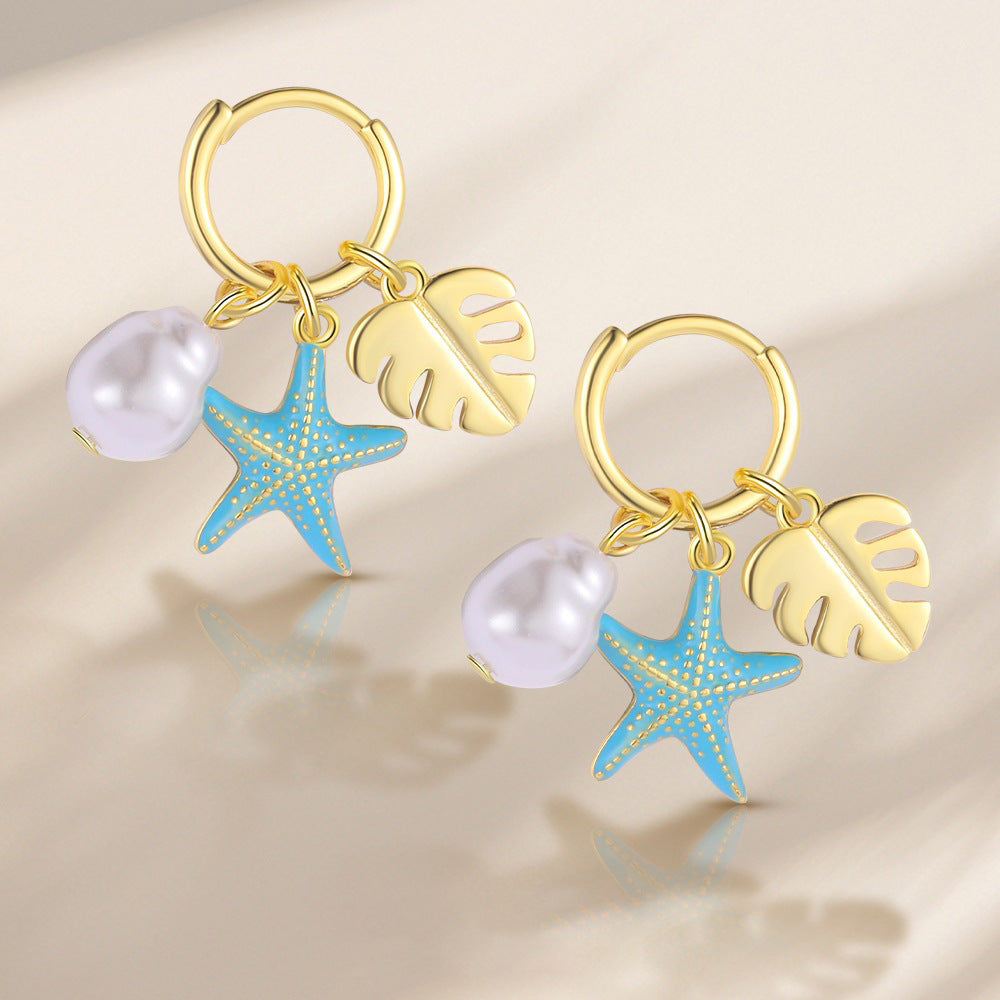 Summer Ocean Star Sea Pearl Circular Leaf-shaped Resin Pendant S925 Silver Earrings