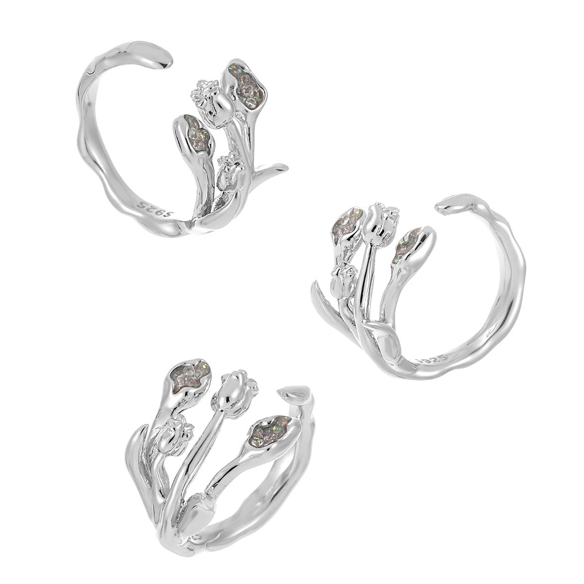 Beautiful CZ Tulip Flowers Bouquet 925 Sterling Silver Adjustable Ring