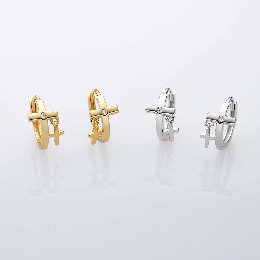 Holiday Mini CZ Large Small Cross 925 Sterling Silver Hoop Earrings