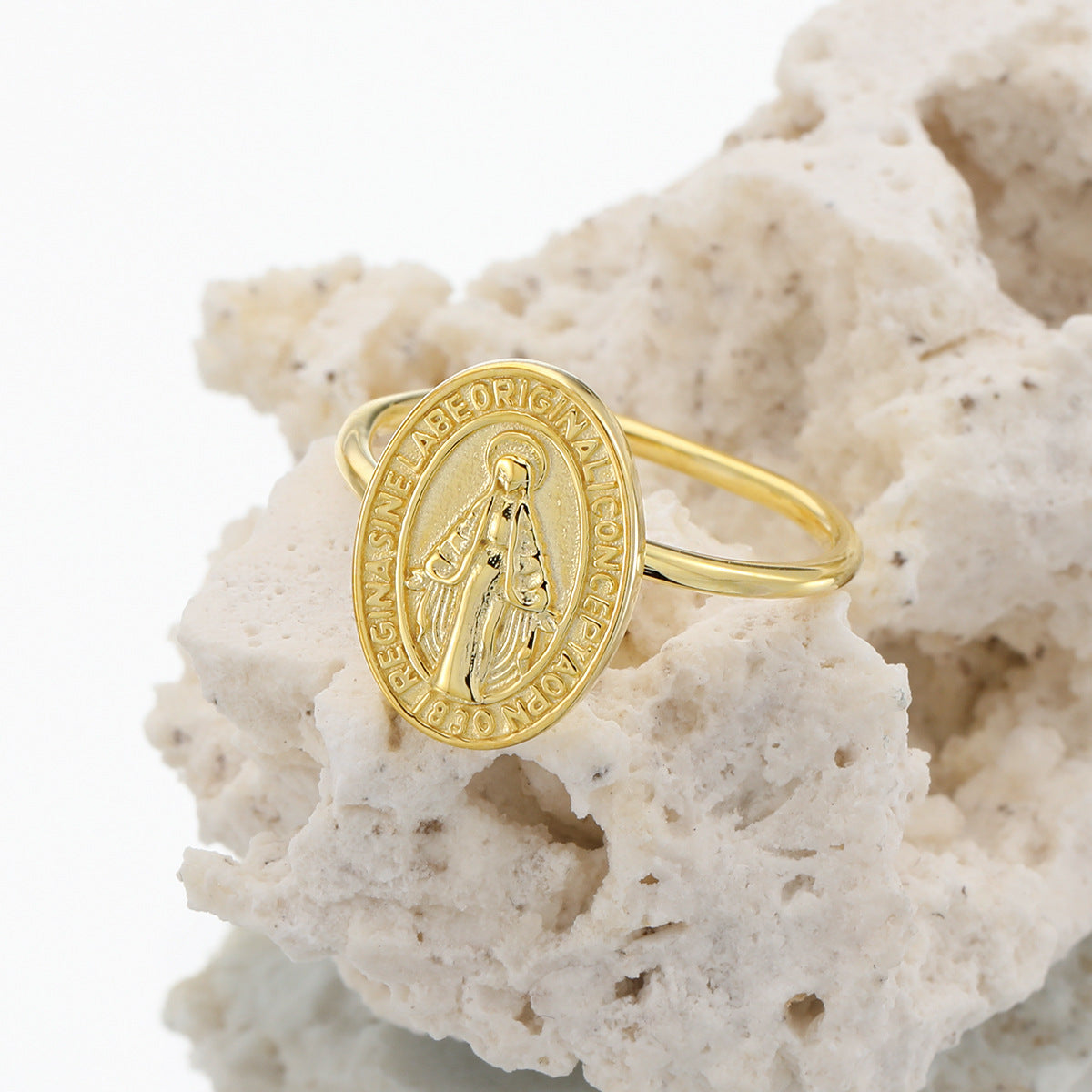 Religious Madonna Portrait Oval Medallion 925 Sterling Silver Vintage Open Band Adjustable Ring