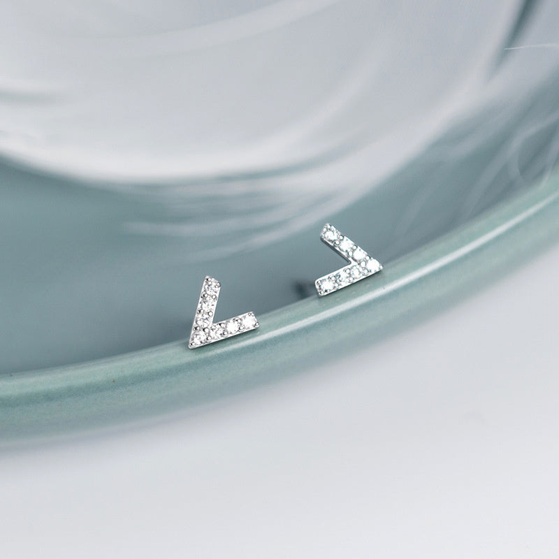 925 Sterling Silver Simple Geometric Mini Letter V Cubic Zirconia Stud Earrings