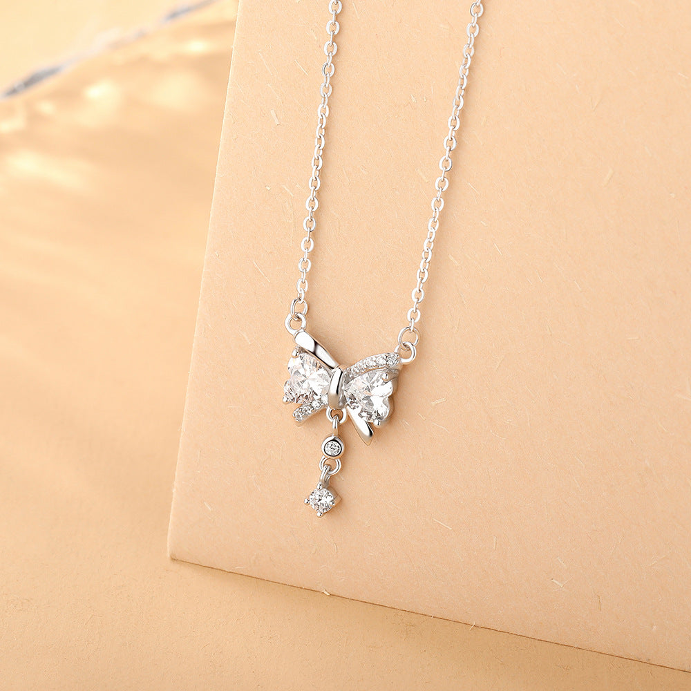 Girl Sweet Shining CZ Bow-Knot 925 Sterling Silver Necklace