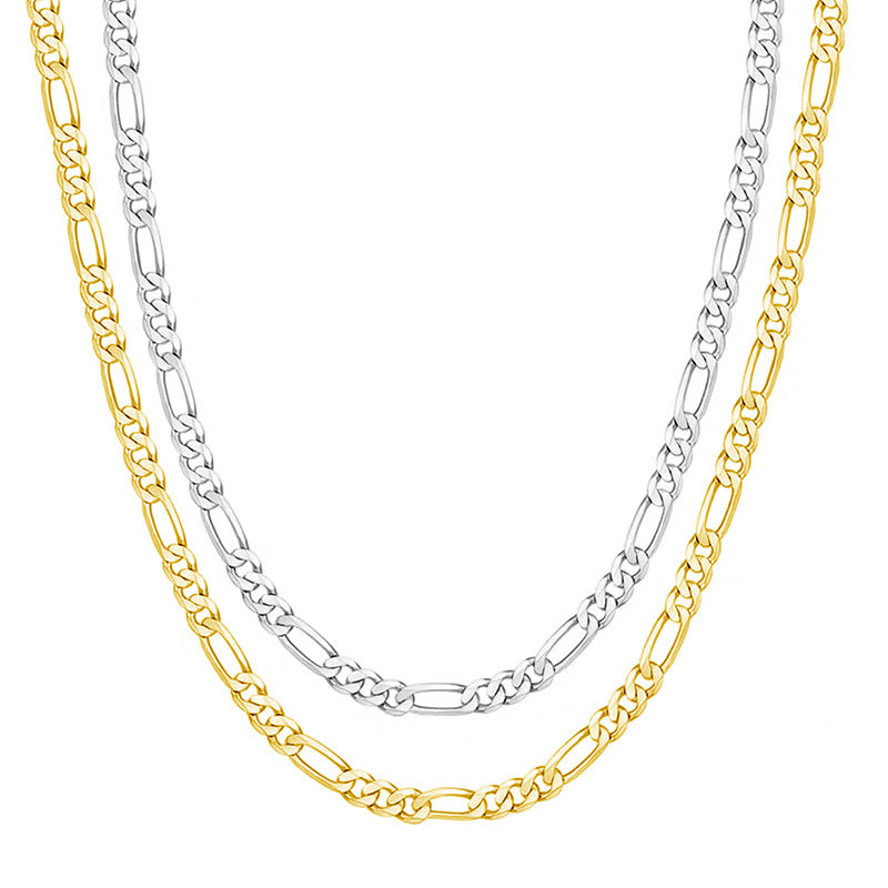 Classic 3 Plus 1 Figaro Chain Pure Metal 925 Sterling Silver Necklace White Gold And Yellow Gold Tone Side Link Chain Necklace For Women Men Daily Wear Simple Geometric Fashion Jewelry Gift
