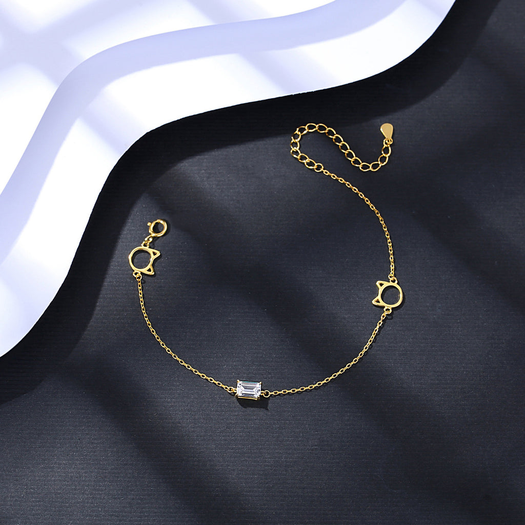 Girl Cute Hollow Cat Head CZ 925 Sterling Silver Bracelet