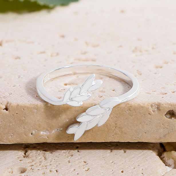 Women Irregular Wheat Ears Leaves 925 Sterling Silver Adjustable Ring