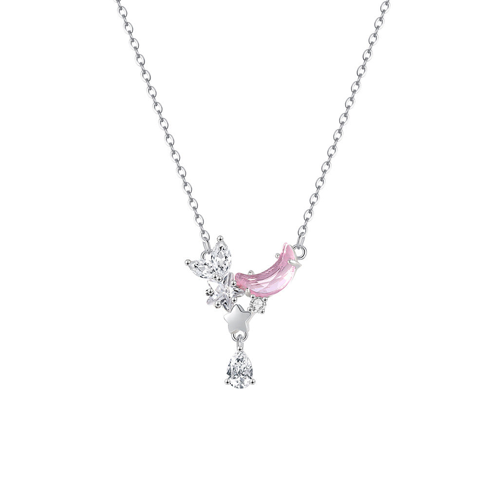 Women Pink CZ Cresceny Shining Star 925 Sterling Silver Necklace