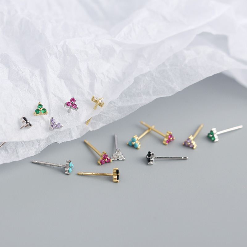 Cute Mini CZ Lucky Three Leaf Clover 925 Sterling Silver Stud Earrings