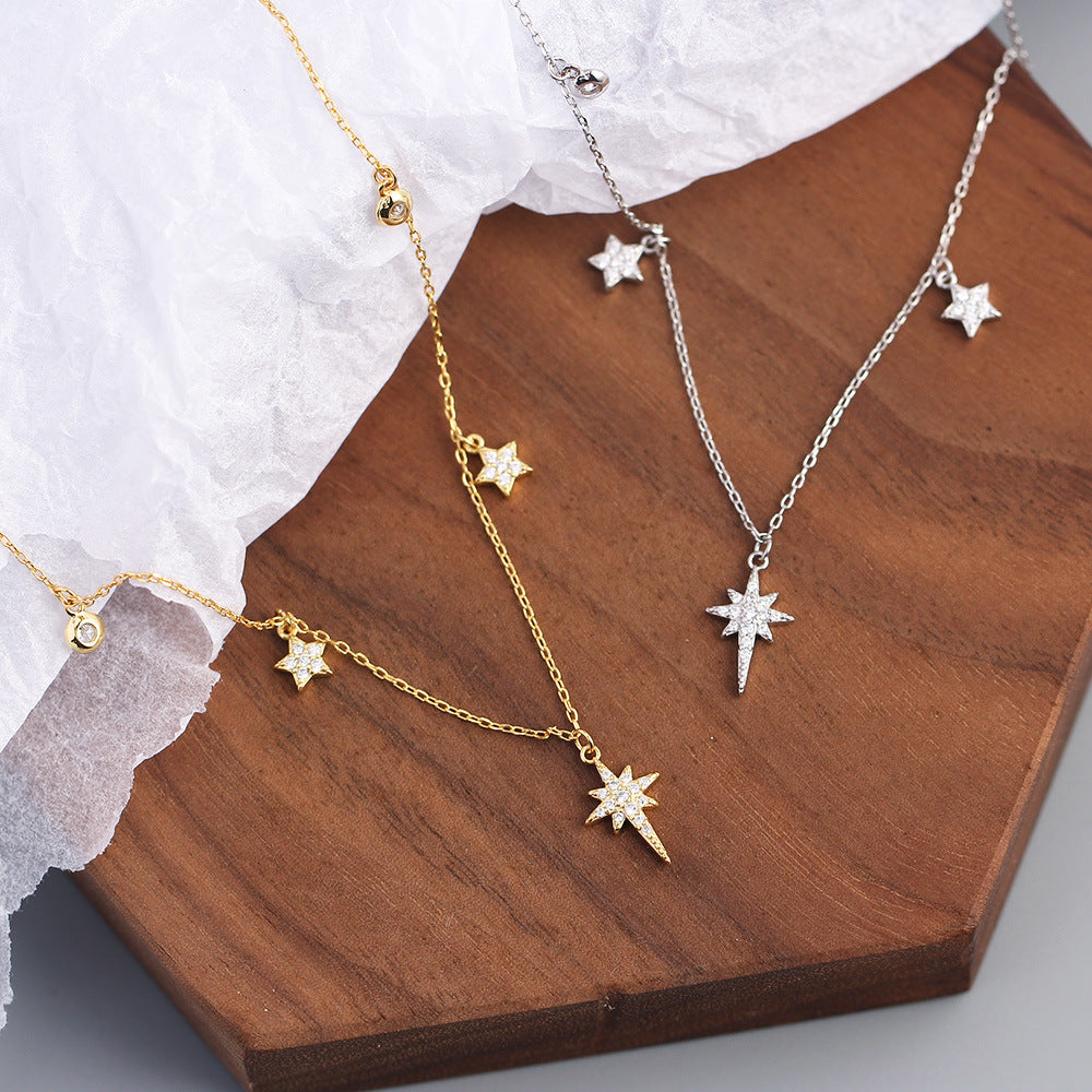 Celestial North Star And Five Point Star Cubic Zirconia 925 Sterling Silver Station Chain Necklace