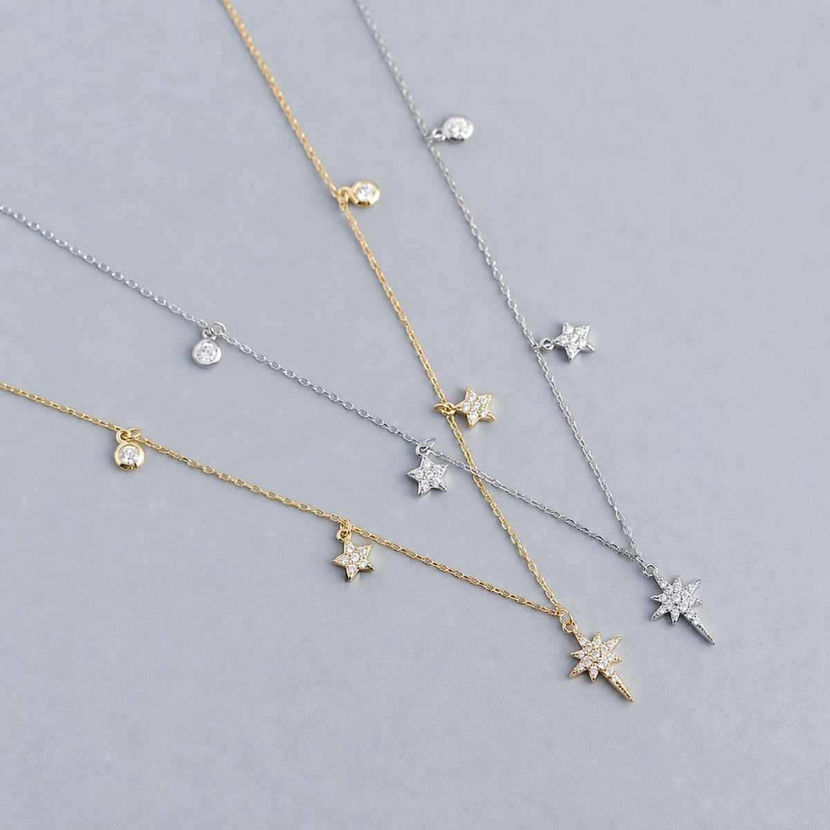 Celestial North Star And Five Point Star Cubic Zirconia 925 Sterling Silver Station Chain Necklace