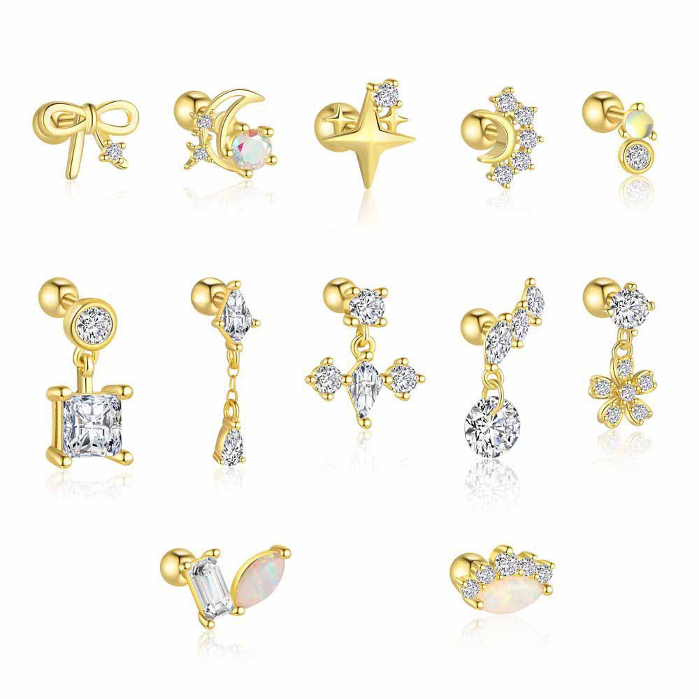 Gril CZ Star Bow-knot Crescent Moon Flower Waterdrops 925 Sterling Silver Dangling Earrings