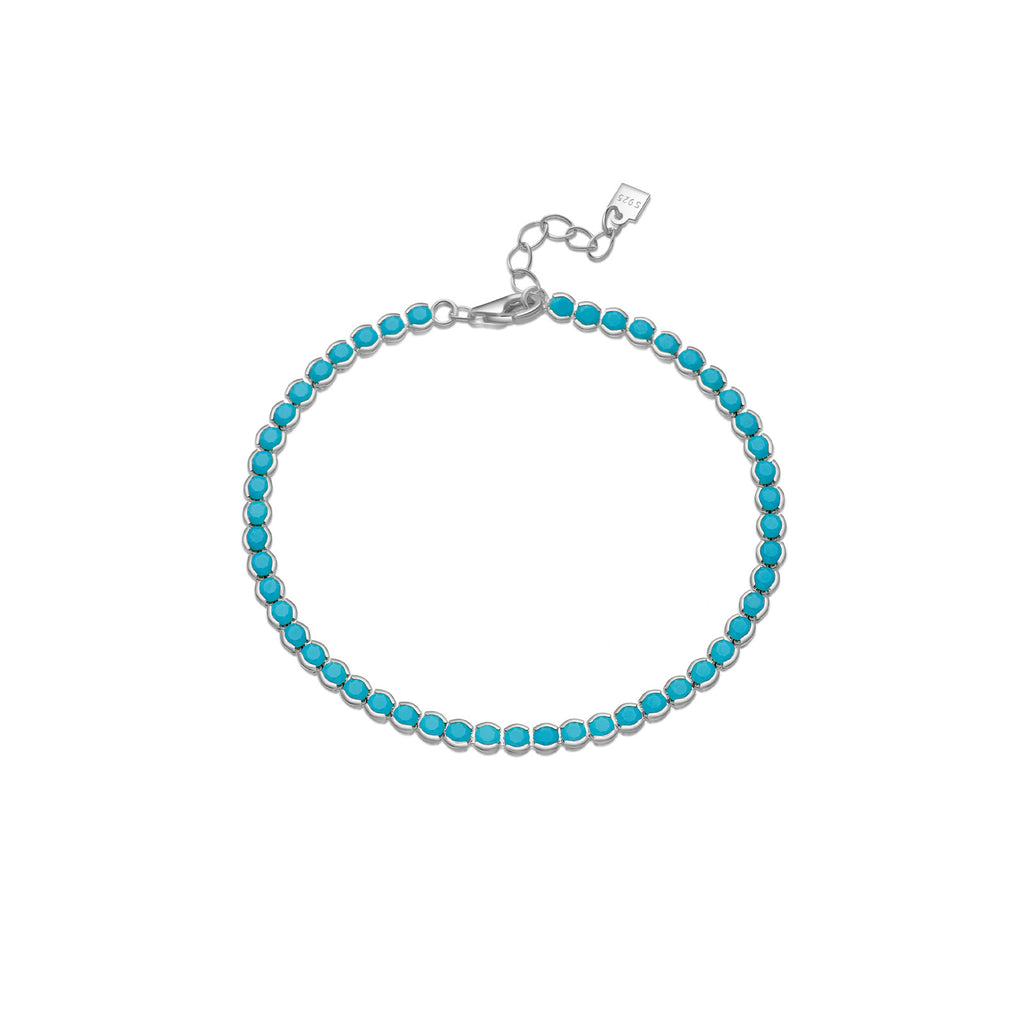Blue Turquoise Bezel Set Natural Stone 925 Sterling Silver Tennis Chain Bracelet